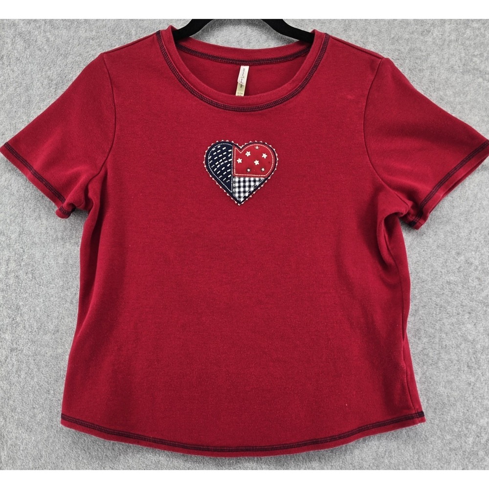 White Stag Embellished USA Heart T-Shirt Women's S Red Beaded Patchwork July 4th